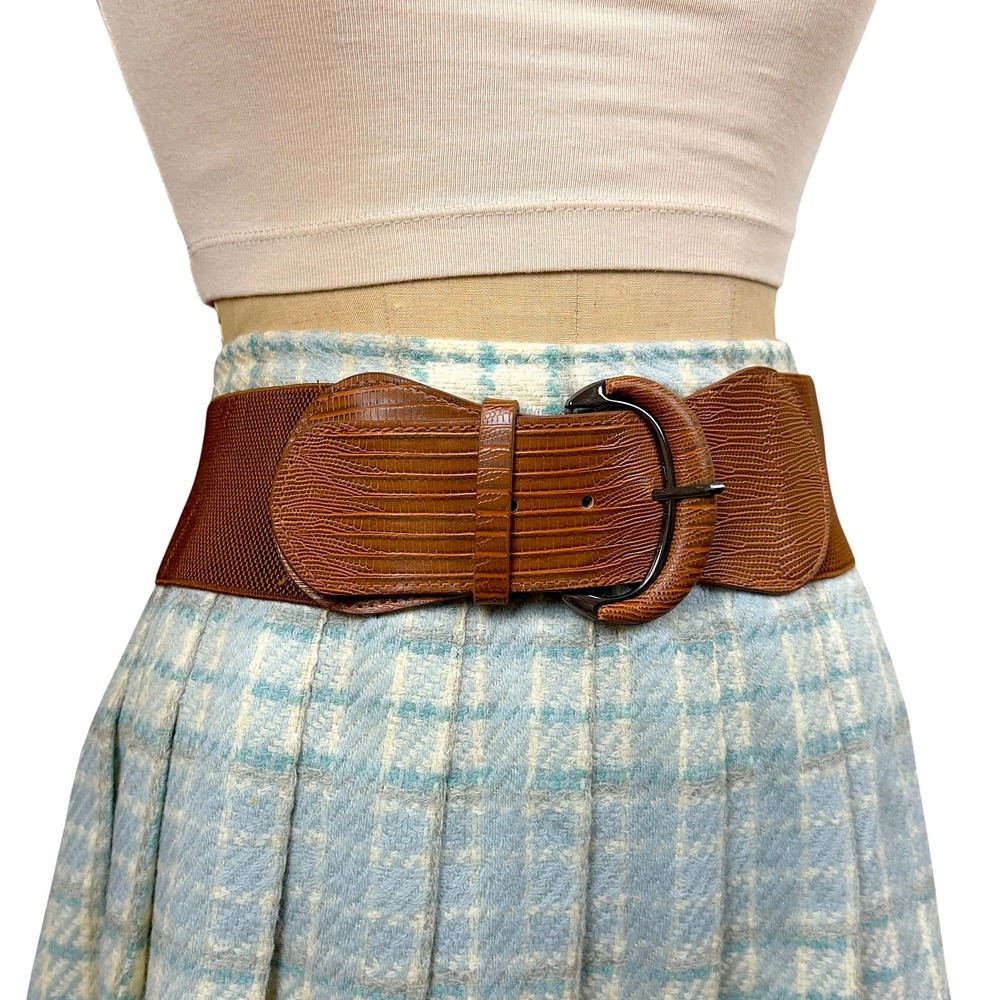 70s Wide Elastic Waist Belt Brown Faux Leather Chunky Buckle Boho Western Retro